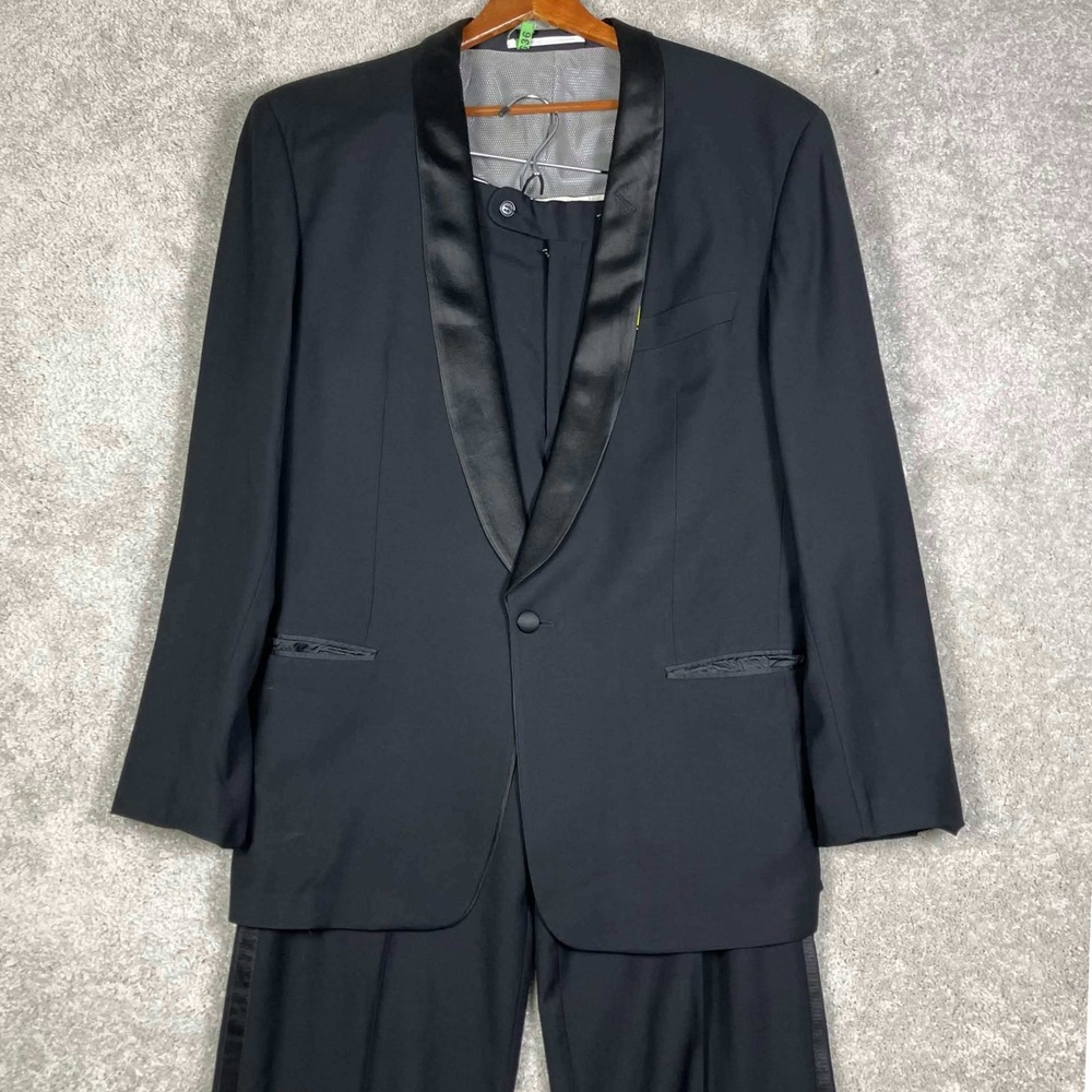 VTG Hugo Boss Tuxedo Suit Men 40L Black Virgin Wool Barbisio Shawl Lapel Germany
